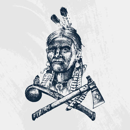 National American and native Indian traditions. Knife and Ax, tools and instruments. engraved hand drawn in old sketch. a man with feathers on his head. emblem or logo.のイラスト素材