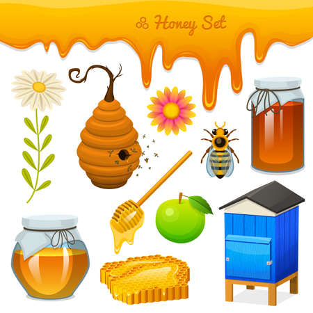 Honey set, bee and hive, spoon and honeycomb, hive and apiary. natural farm product. beekeeping or garden, flower chamomile, apple and jar. Health, organic sweets, medicine illustration, agricultureのイラスト素材