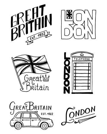 British icon, symbols, badges or stamps. Flag of the United Kingdom. Country England label. Phone booth, London and the gentlemen. Engraved, hand drawn vintage style.のイラスト素材