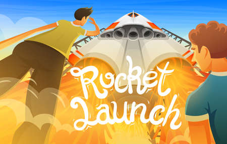 Rocket launch. International spaceship, shuttle in space, bottom view. Technology and science, ship in the sky. people are looking at the take-off of spaceship, concept. explore missile, engine flame.のイラスト素材