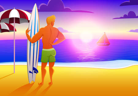 Surfer on the ocean beach at sunset with surfboard. vector illustration, vintage effect. sports man on weekends, healthy lifestyle.のイラスト素材
