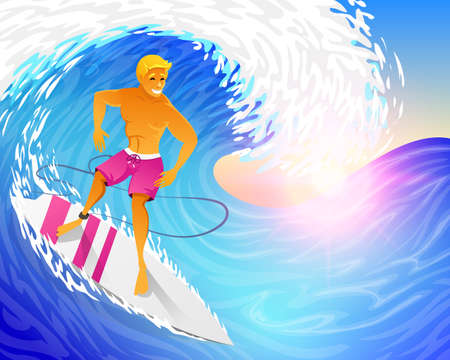 Surfer riding on blue ocean wave with surfboard.のイラスト素材