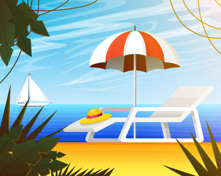 Summer web banner, background for travel. Tropical landscape with palm tree, beach umbrella and deckchair, yacht sail, ocean. Vacation, holiday weekend. Close up on sea, sand. Vector illustration.のイラスト素材