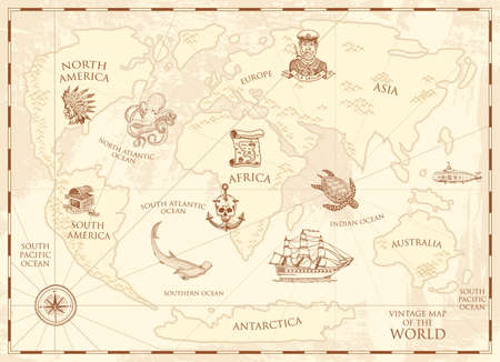 Vintage world map with compass and mountains.のイラスト素材