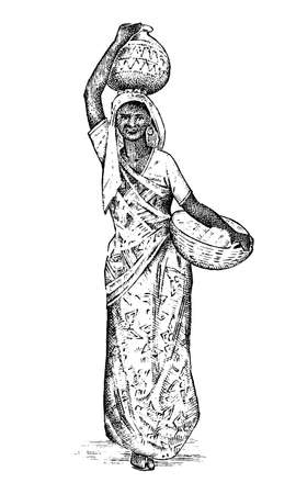Hindu woman working in India. Lady carrying a basin on her head. engraved hand drawn, vintage style. Differences hindu ethnic people in traditional clothing. Vector illustration. Religious costumes.のイラスト素材