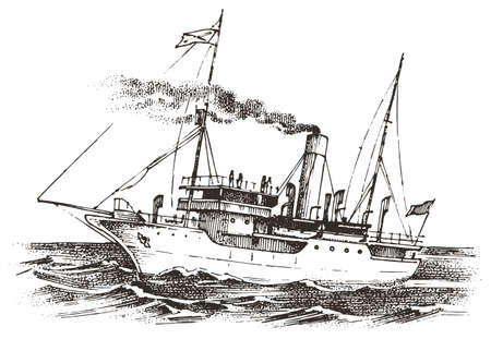 Hand drawn ship in the sea vintage styleのイラスト素材