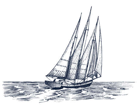 Sailboat in the sea. Engraved hand drawn in vintage style.のイラスト素材
