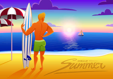 Surfer on the ocean beach at sunset with surfboard. vector illustration, vintage effect. sports man on weekends, healthy lifestyle, concept.のイラスト素材