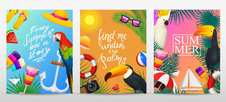 Nautical Summer cards. Marine vacation on the beach. Tropical plants and birds, camera and anchor, milkshake, deckchair, toucan and parrot. Poster or background. retro travel. Vintage holiday at sea.のイラスト素材