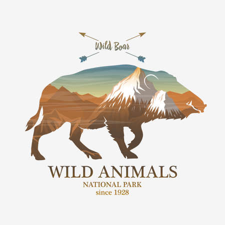 Mountains and boar, silhouette wild animal. Multiple or double exposure. Old label or badge. Journey, travel by nature. Badge or emblem, icon or label for your design.のイラスト素材
