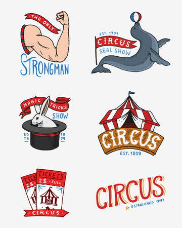 Carnival Circus badge. Banner or poster with animals. strongman and seal, hare in the hat, magic in the tent. festival with actors. engraved emblem hand drawn. theater and marquee Vector illustration.のイラスト素材