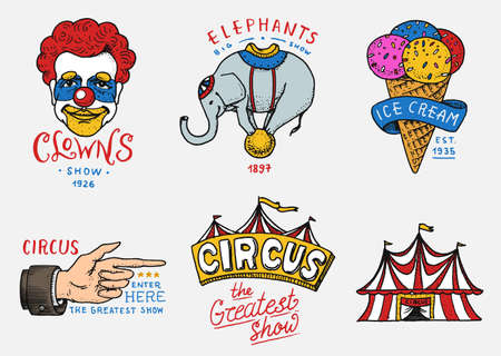 Carnival Circus badge. Banner or poster with animals. clown and elephant, ice cream and focus, magic in the tent. festival with actors. engraved emblem hand drawn. entertainment, theater and marquee.のイラスト素材