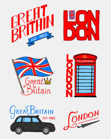 British logo, symbols, badges or stamps, emblems, architectural landmarks, flag of the United Kingdom. Country England label. Phone Booth, London and the gentlemen. Engraved, hand drawn vintage style.のイラスト素材