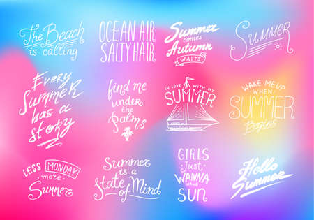 Summer Quotes inspiration, travel and journey phrases, calligraphy vector illustration. Hand drawn lettering. Set of summer holidays and tropical vacation. Vintage styleのイラスト素材