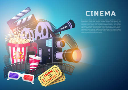 Movie elements set. Vintage cinema, entertainment and recreation with popcorn. Retro poster background. Clapperboard and camera, Filmmaking and video cassette, chair, film stock for Hollywood studio.のイラスト素材