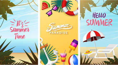 Nautical Summer cards. Marine vacation on the beach. Tropical background, camera and anchor, milkshake, deckchair, toucan and parrot. Poster or background. retro travel. Vintage holiday at sea.のイラスト素材