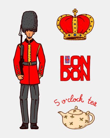 British, Crown and Queen, teapot with tea and royal guard, London and the gentlemen. symbols, badges or stamps, emblems or architectural landmarks, United Kingdom. Country England label.のイラスト素材