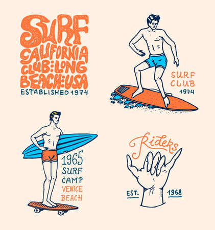 Surf badge, wave and ocean. vintage retro background. tropics and california. man on the surfboard, summer on the beach and the sea. engraved emblem hand drawn. Banner or poster. sports in Hawaii.のイラスト素材