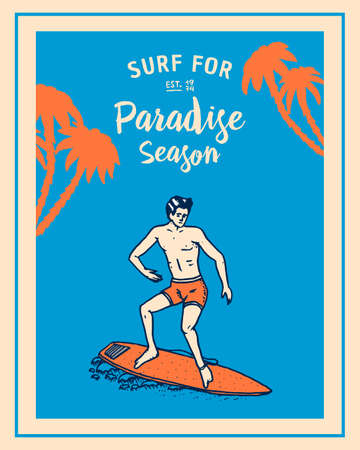 Surf badge, wave and ocean. vintage retro background. tropics and california. man on the surfboard, summer on the beach and the sea. engraved emblem hand drawn. Banner or poster. sports in Hawaiiのイラスト素材