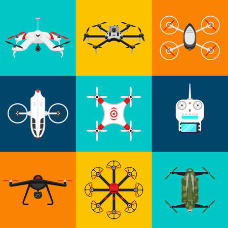 Set of modern air drones and remote control. Science and Modern technologies. Vector illustration. Radio robot or airplane with a camera in the air. Innovative systems and developments.のイラスト素材