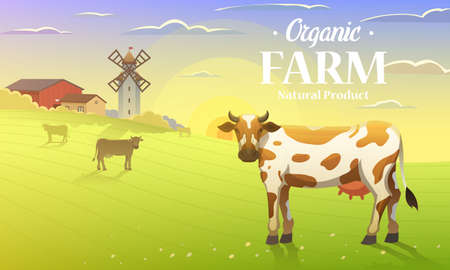 Rural landscape and cows Illustration.
