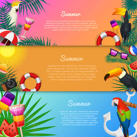 Nautical Summer cards. Marine vacation on the beach. Tropical plants and birds, camera and anchor, milkshake, deckchair, toucan and parrot. Poster or background. retro travel. Vintage holiday at seaのイラスト素材