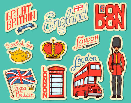 British vintage stickers, Crown and Queen, teapot with tea, bus and royal guard, London. Badges, stamps, emblems. United Kingdom. Country England label 80s-90s Comic Style. Engraved hand drawn sketch.のイラスト素材