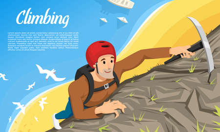 Young climber in protective helmet with Ice axe. Climbing a mountain. Activity Sport concept for poster. Tourist hiking background. Extreme risky adventure. Top viewのイラスト素材