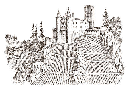 Castle on a hill. Ancient Landscape for the label. Engraved Hand drawn sketch in vintage victorian. Travel to Europe to the historic buildingのイラスト素材