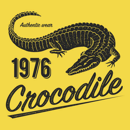 Crocodile poster, print for T-shirt. Alligator emblem or badge on yellow background. Reptiles or amphibians. Tropical animal. Engraved hand drawn in old vintage sketch. Vector illustrationのイラスト素材