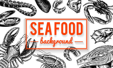 Seafood background. Crustaceans, shrimp, lobster or crayfish, crab with claws. River and lake or sea creatures. Freshwater aquarium. Poster for the menu. Engraved hand drawn in old vintage sketch.のイラスト素材