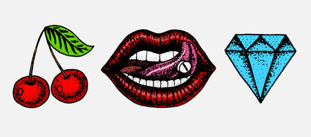 A face detailed kiss or lips, cherry and diamond. Fashion Tattoo artwork for Girls. Engraved hand drawn in old vintage sketch. Vector surreal illustration, badges, print for t-shirt.のイラスト素材