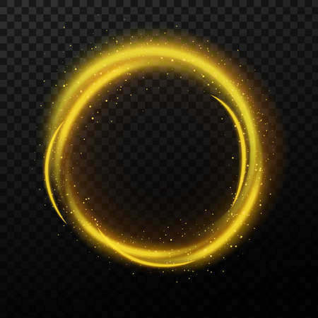 Magic sparkle circle and shining stardust. Golden cosmic glittering banner with glowing particles Set. Round Bright trail isolated on black background.のイラスト素材