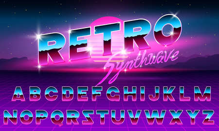 80 s purple neon retro font. Futuristic metal chrome letters. Bright Alphabet on dark background. Light Symbols Sign for night show in club. concept of galaxy space. Set of types. Outlined versionのイラスト素材