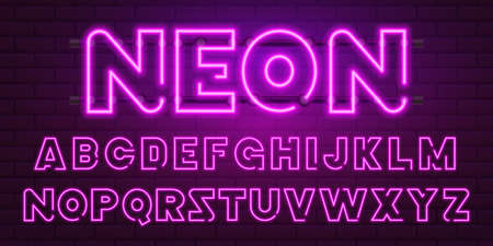 80 s purple neon retro font. Futuristic chrome letters. Bright Alphabet on dark background. Light Symbols Sign for night show in club. concept of galaxy space. Set of types. Outlined version.のイラスト素材