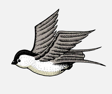 Wild bird swallow. Symbol of freedom. Fashion patch. Tattoo artwork for Girls. Engraved hand drawn in old vintage sketch. Vector surreal illustration, badges, print for t-shirt.のイラスト素材