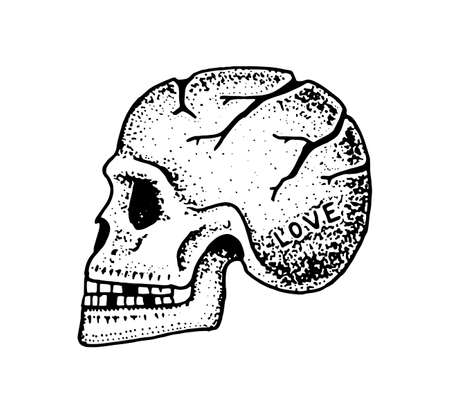 Anatomical human skull. Skeleton of the head. Fashion Tattoo artwork for Girls. Engraved hand drawn in old vintage sketch. Vector surreal illustration, badges, print for t-shirt.のイラスト素材