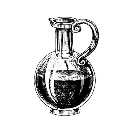 Olive oil of trees in bottle or jar. Organic vegetarian product. Black fruit for cooking food. Engraved hand drawn in old vintage sketch. Vector illustration for stickers and emblems.のイラスト素材