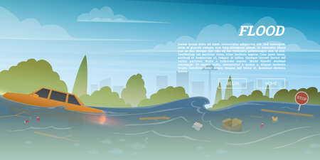 Flood or natural disaster in city concept. Floating garbage and car during deluge in high water, overflow and big waves. Time of evacuation during cataclysm. Landscape Background for poster or card.のイラスト素材