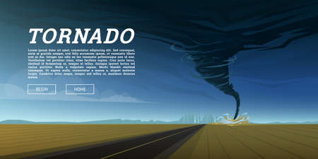 Twisting tornado or storm from sea hurricane in ocean. Realistic tropical natural disaster or cataclysm, catastrophe and crisis Background. Gale Whirlwind Landscape. Weather banner, poster or card.のイラスト素材