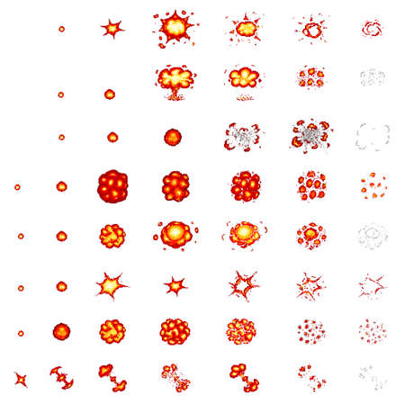 Pixel art explosions. game icons set. Comic boom flame effects for emotion. 8-Bit Vector. Bang burst explode flash nuclear bubble dynamite with smoke. Animation frame. Process steps, Video fire.