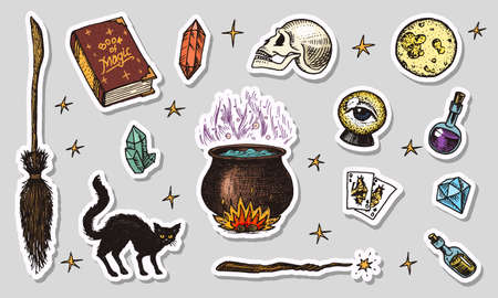 Vintage Halloween elements stickers. Magic ball, witch with book of spells, cursed black cat, hag or hex, potion and cauldron, skull and fortune-telling cards. Hand drawn engraved sketch.のイラスト素材