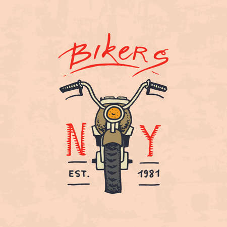 Motorcycles and biker club template. Vintage custom emblem, label badge for t shirt. Monochrome retro style. Classic sport motorbike with racing gasoline Hand drawn engraved sketchのイラスト素材