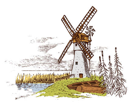 Windmill landscape in vintage, retro hand drawn or engraved style, can be use for ecological bakery logo, wheat field with old building. Rural organic agricultural production. Vector illustration.のイラスト素材