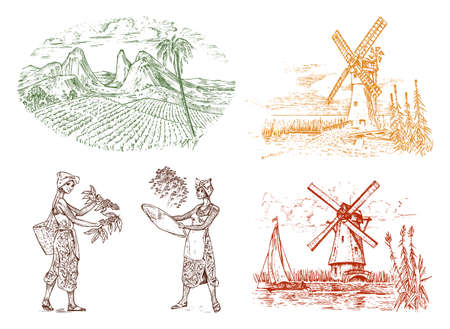Cocoa or coffee plantation. Vintage farm and landscape with mountains, women harvest, windmill for label logo badge. Engraved hand drawn sketch. vector illustration.のイラスト素材