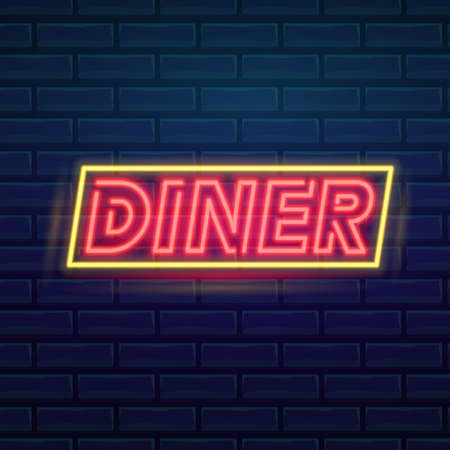 Set of fashion neon sign. Night bright signboard Dinner, Glowing light banner. Summer logo, emblem. Club or bar on dark background. Editable vectorの写真素材