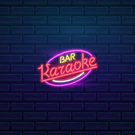 Set of fashion neon sign. Night bright signboard Karaoke, Glowing light banner. Summer logo, emblem. Club or bar on dark background. Editable vectorの写真素材
