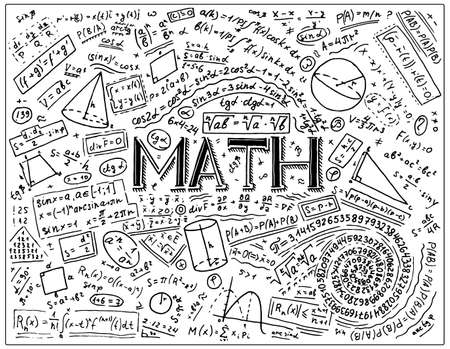Scientific formulas and calculations in physics and mathematics on whiteboard. The lesson of algebra and geometry in school. Education and Science. engraved hand drawn in old sketch and vintage style