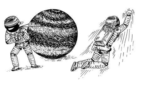 Astronaut soaring or flying on rocket. Spaceman pulls the planet Jupiter. astronomical galaxy space. cosmonaut explore adventure. engraved hand drawn in old sketch. planets in solar systemのイラスト素材