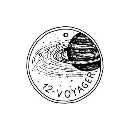 Space logo with the planet. Exploration of the astronomical galaxy. mission spaceman or astronaut. cosmonaut adventure. Badge for T-shirt. Vintage tattoo, engraved hand drawn sketch.の写真素材